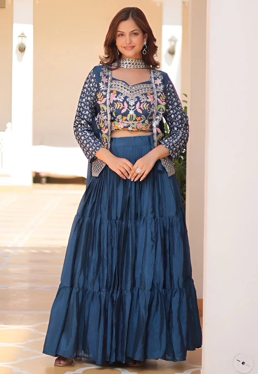 Blue Chinon Jacket Style Lehenga Choli 298671