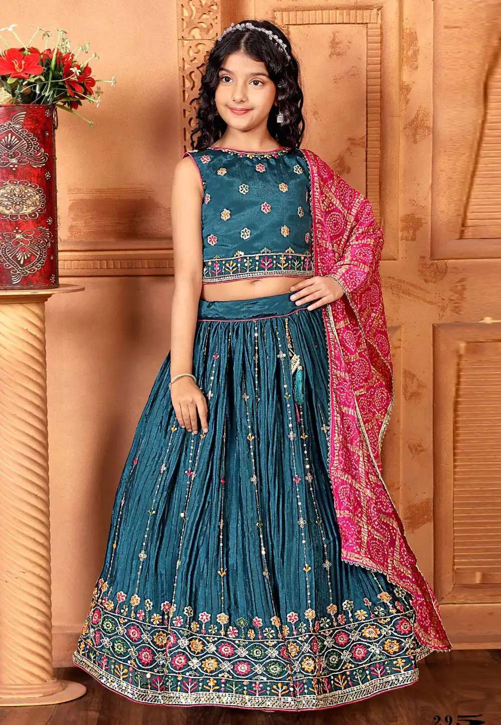 Blue Chinon Kids Lehenga Choli 293430