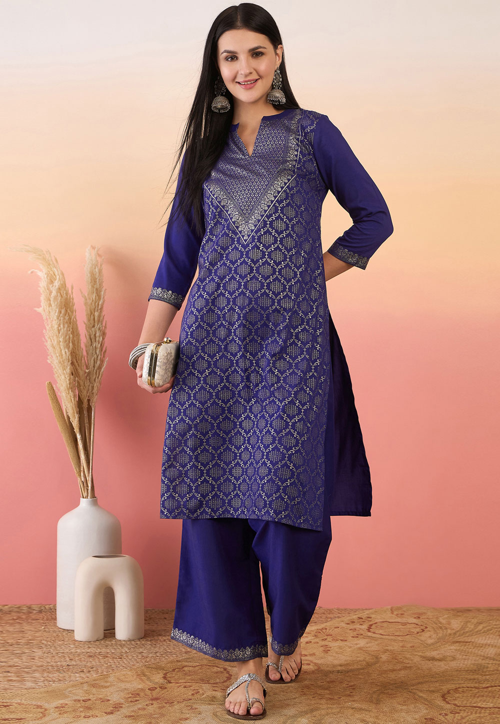 Blue Chinon Kurta Set With Palazzo 305249