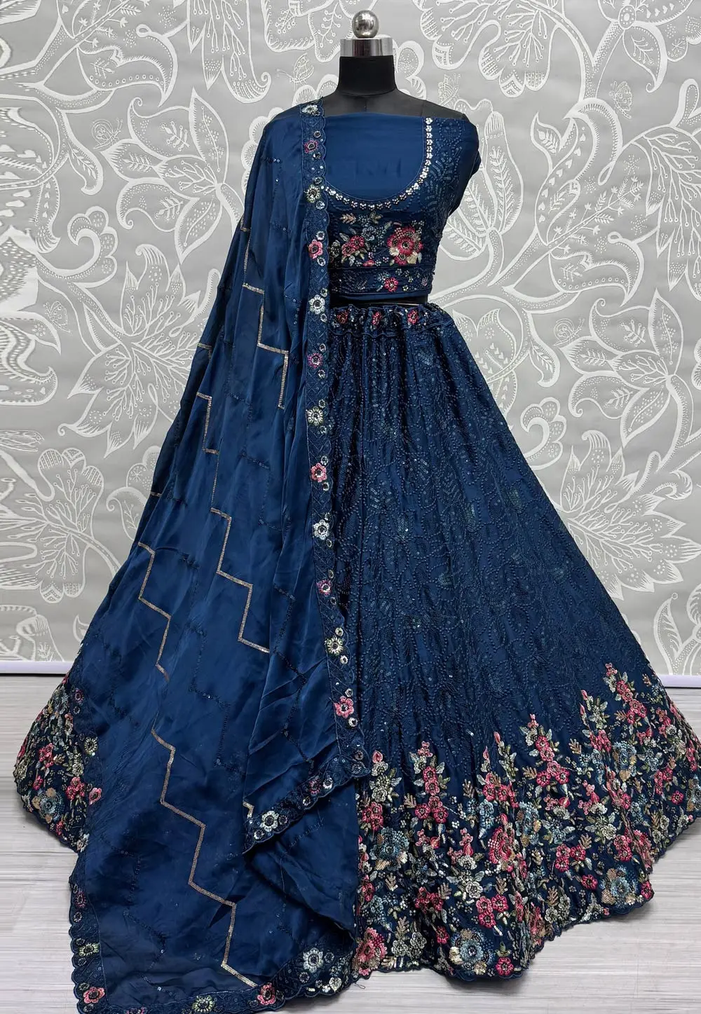 Blue Chinon Lehenga Choli 300545