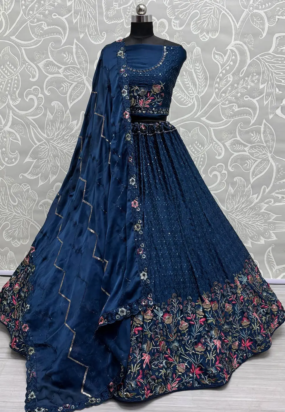 Blue Chinon Lehenga Choli 300551