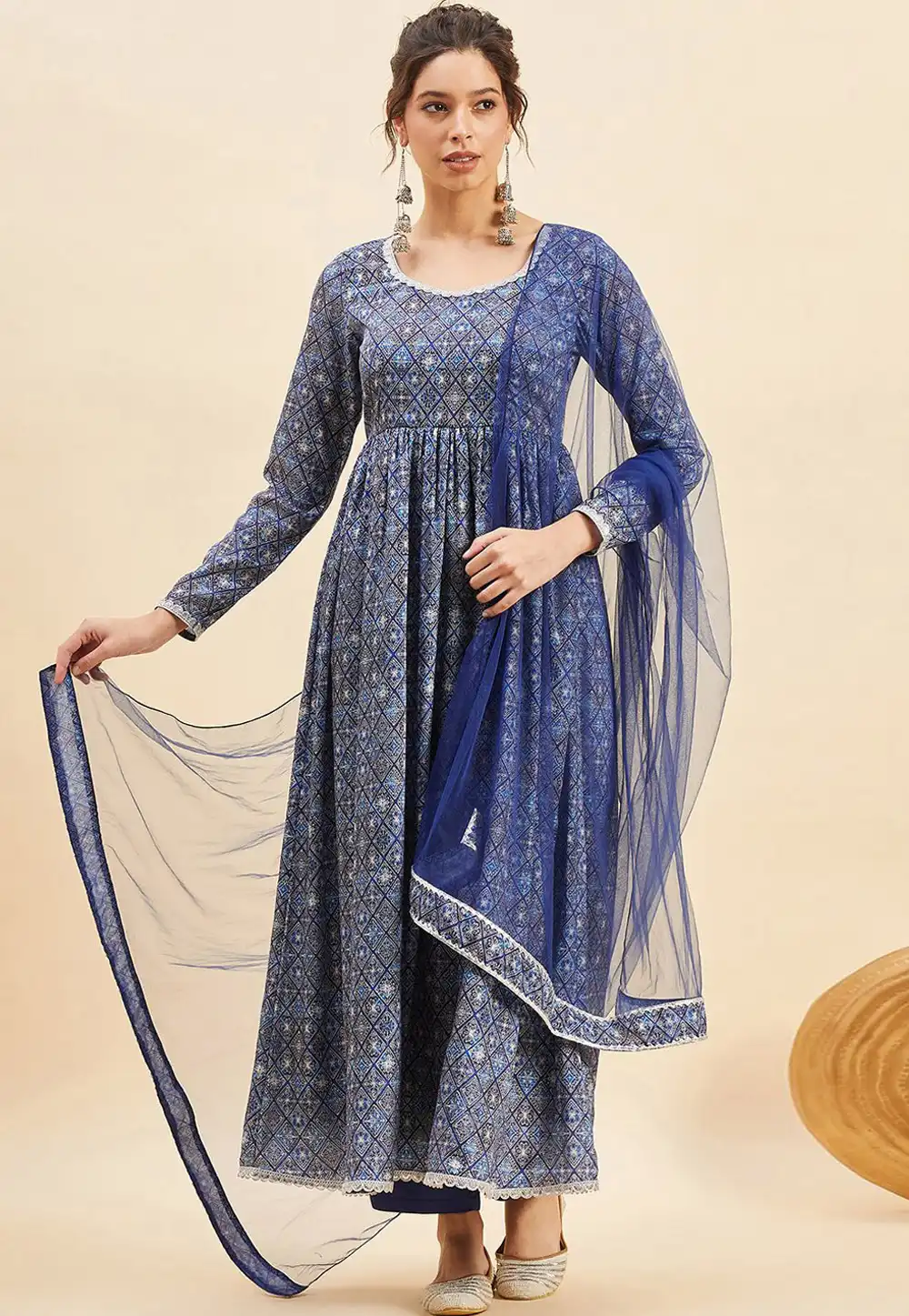 Blue Chinon Readymade Long Anarkali Suit 289435