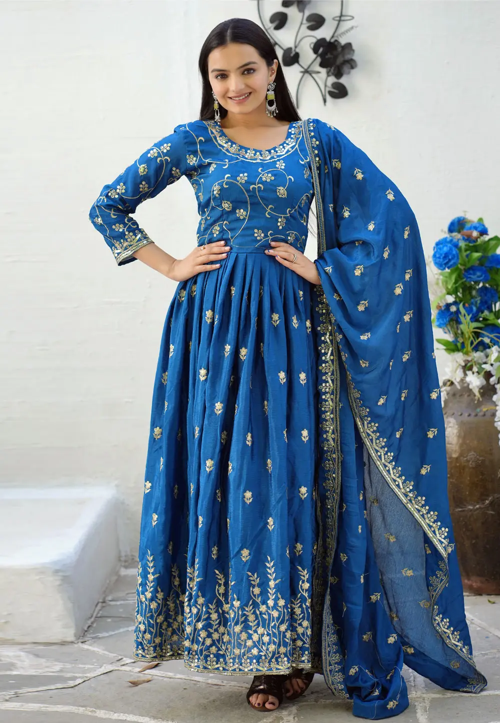 Blue Chinon Readymade Long Anarkali Suit 304064