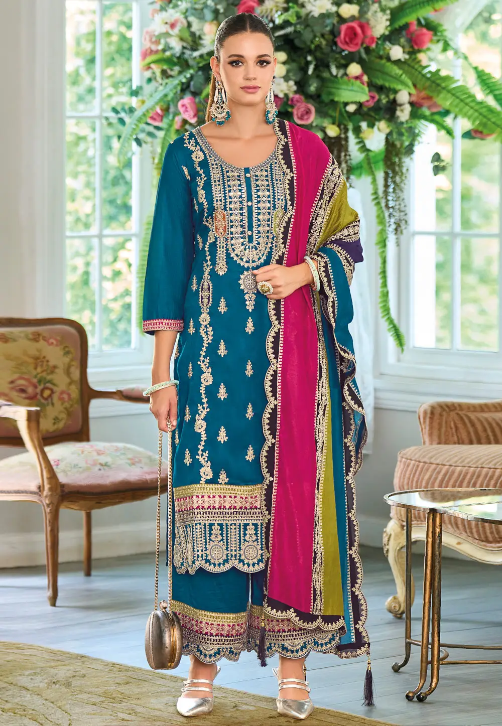 Blue Chinon Readymade Pakistani Suit 295195