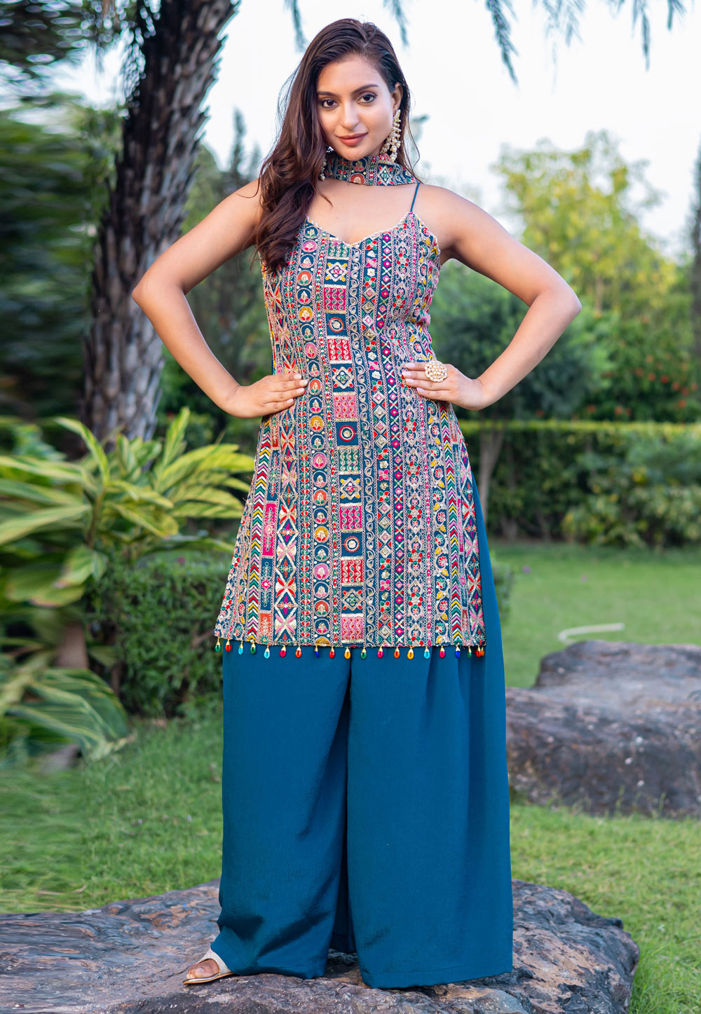 Blue Chinon Readymade Palazzo Suit 310482