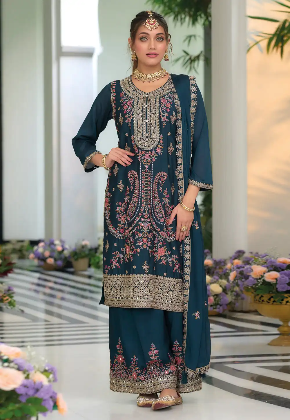 Blue Chinon Readymade Palazzo Suit 294837