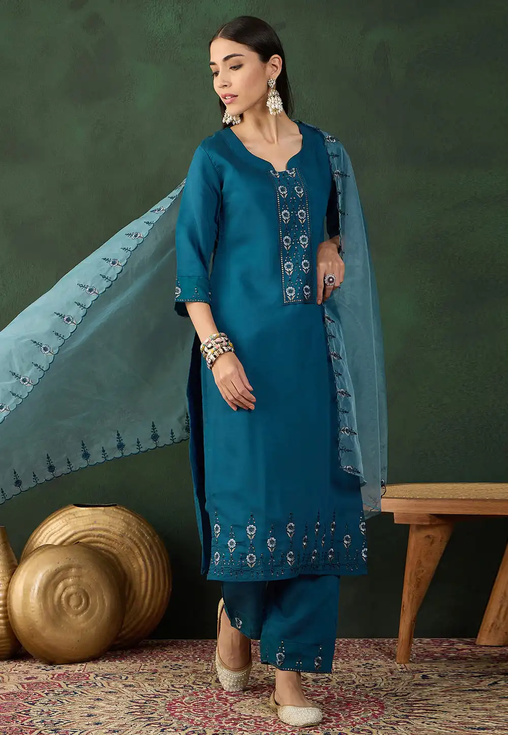 Blue Chinon Readymade Palazzo Suit 293518