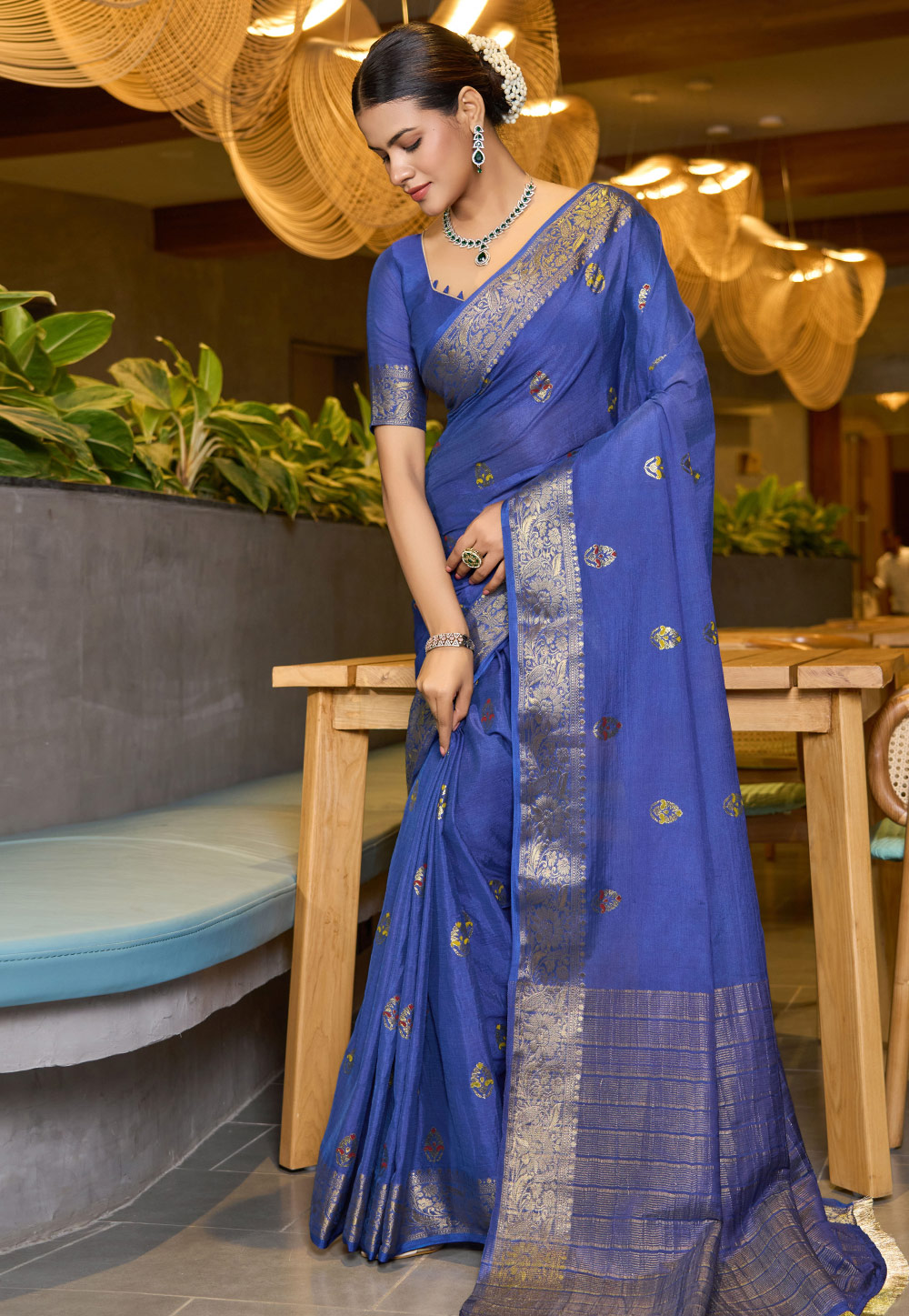 Blue Chinon Saree With Blouse 309639