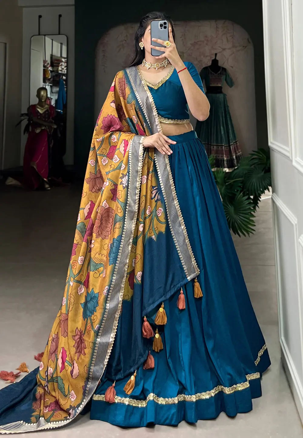 Blue Chinon Silk Circular Lehenga Choli 298895