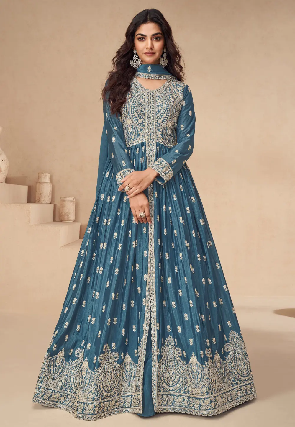 Blue Chinon Silk Indo Western Lehenga Choli 298647