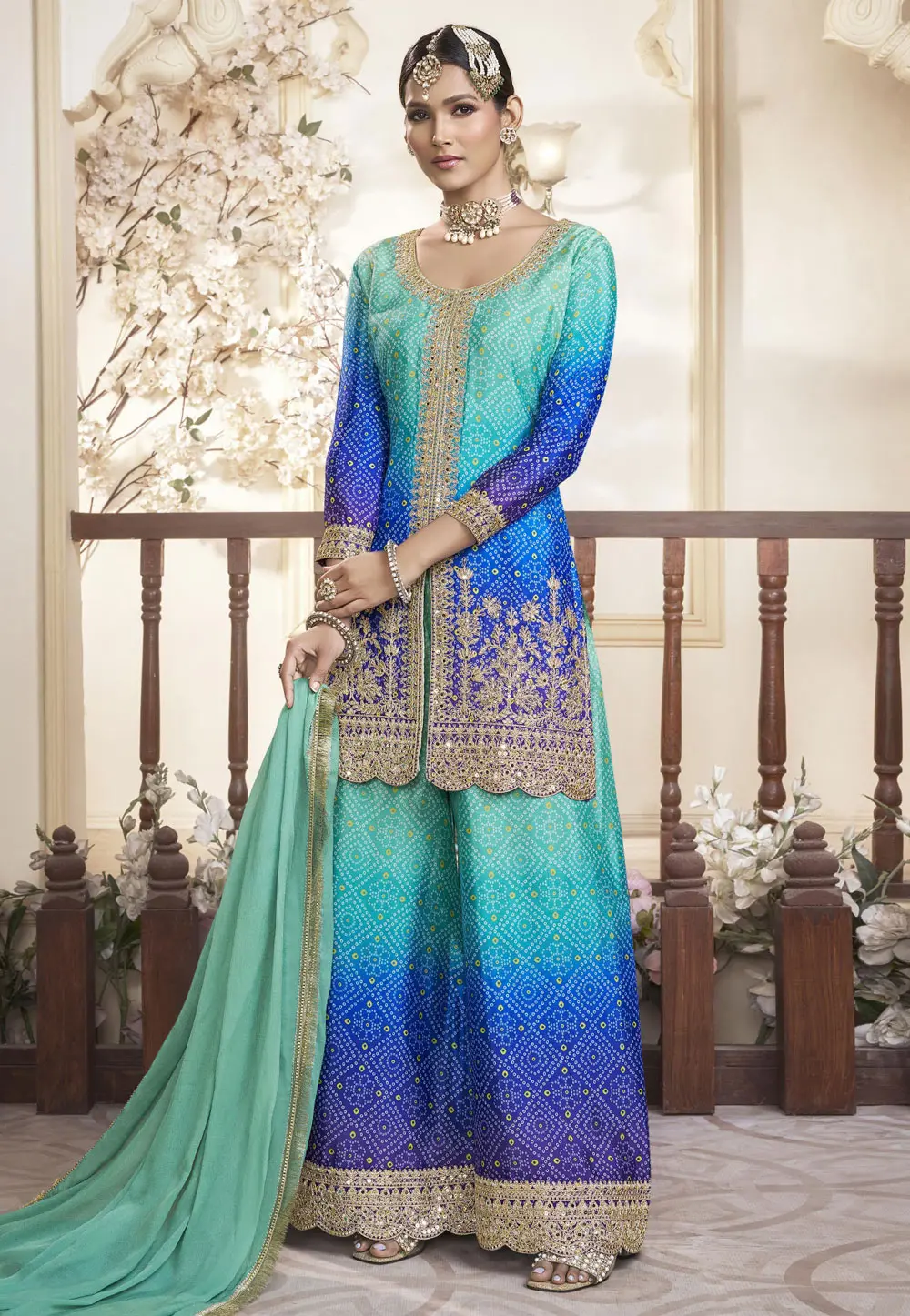 Blue Chinon Silk Pakistani Suit 303895