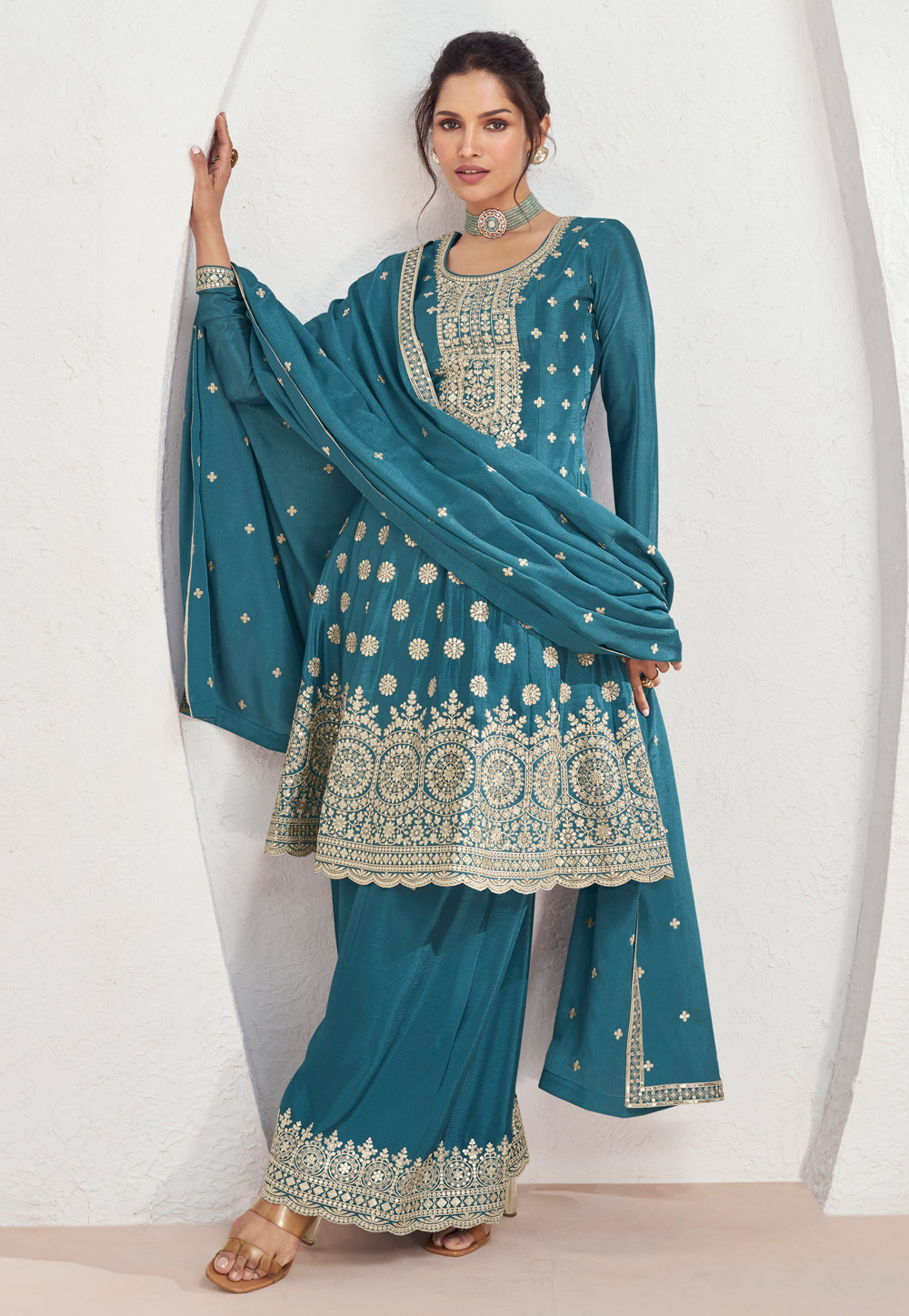 Blue Chinon Silk Pakistani Suit 285039