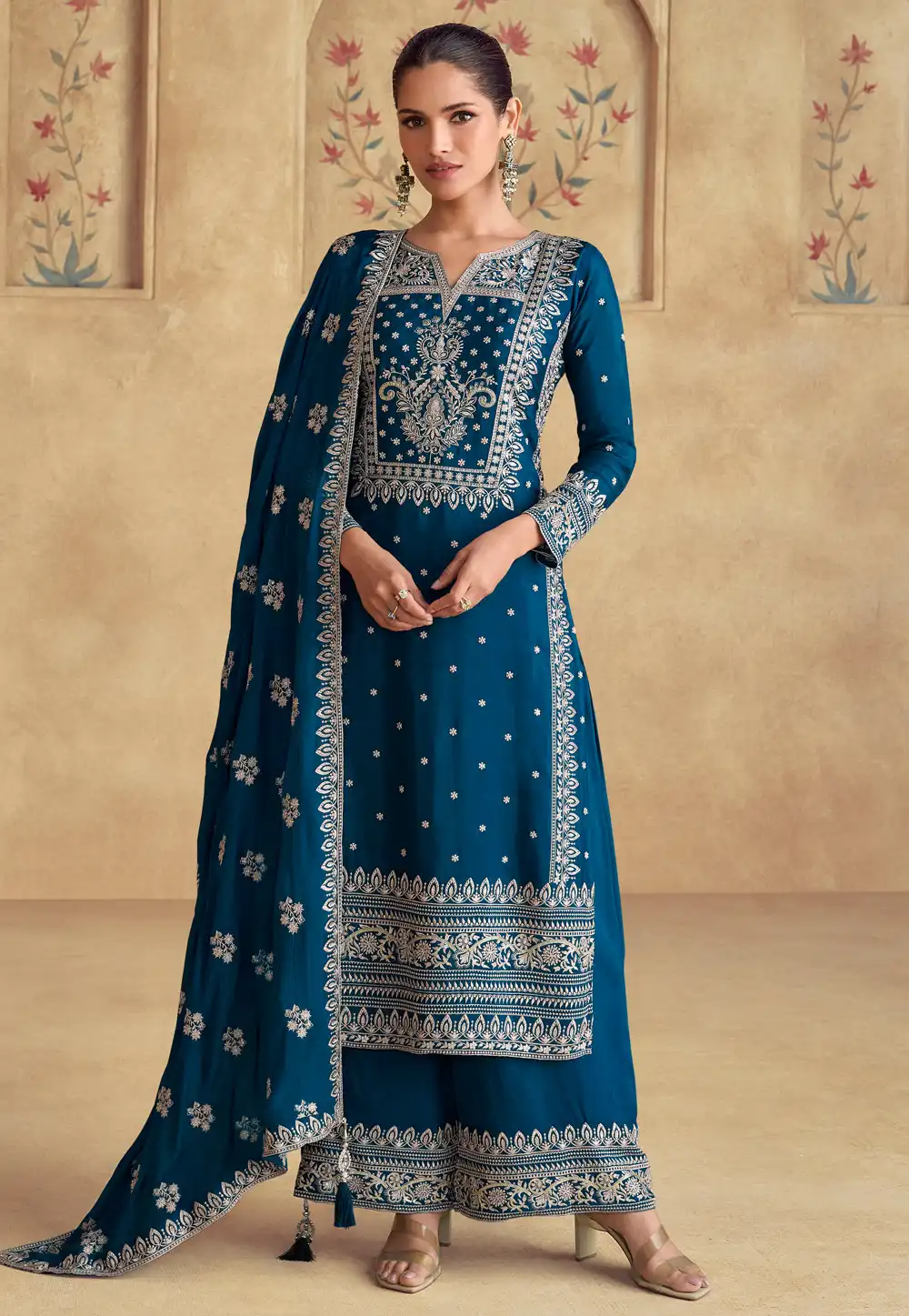 Blue Chinon Silk Palazzo Suit 294410