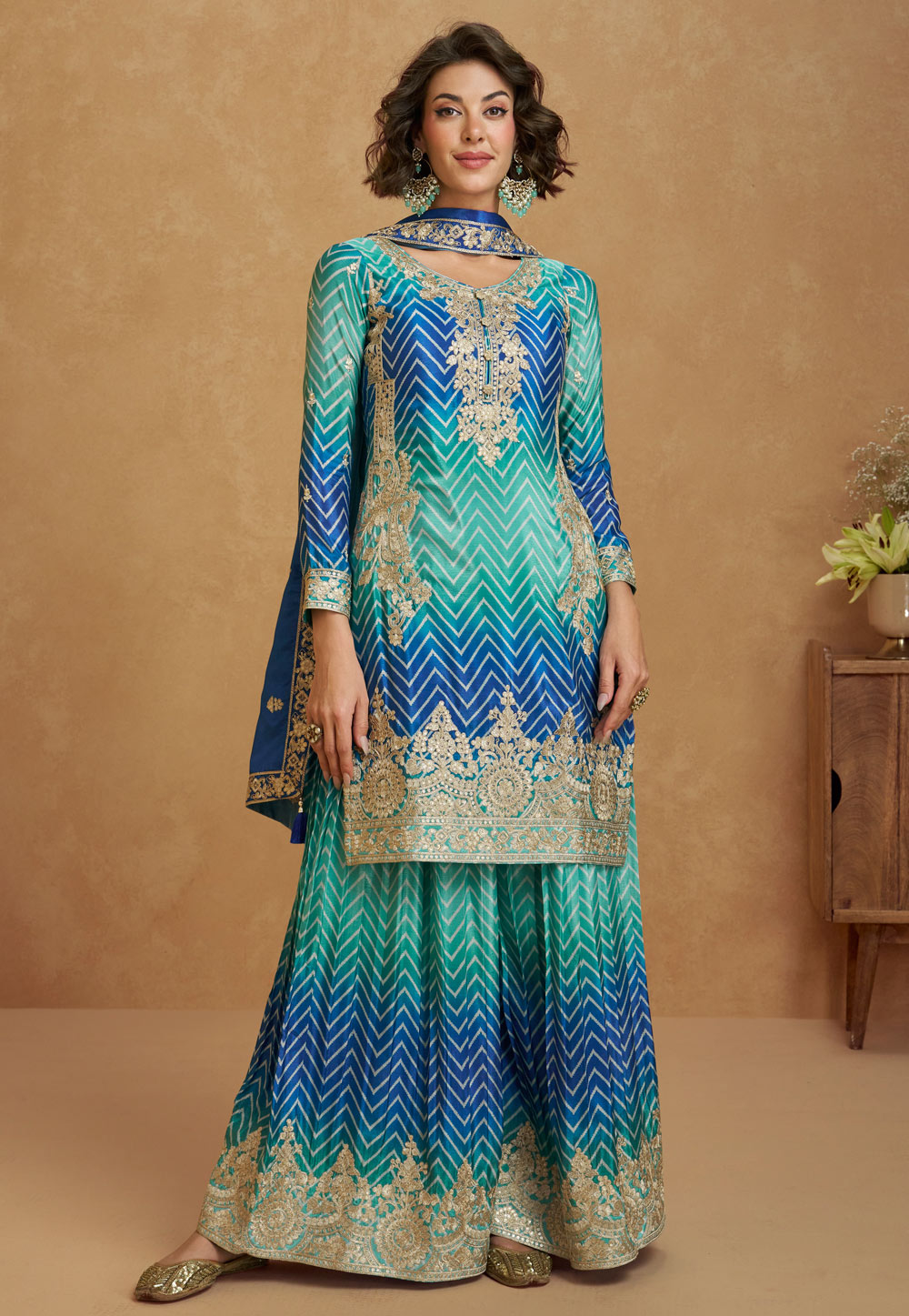 Blue Chinon Silk Palazzo Suit 305726