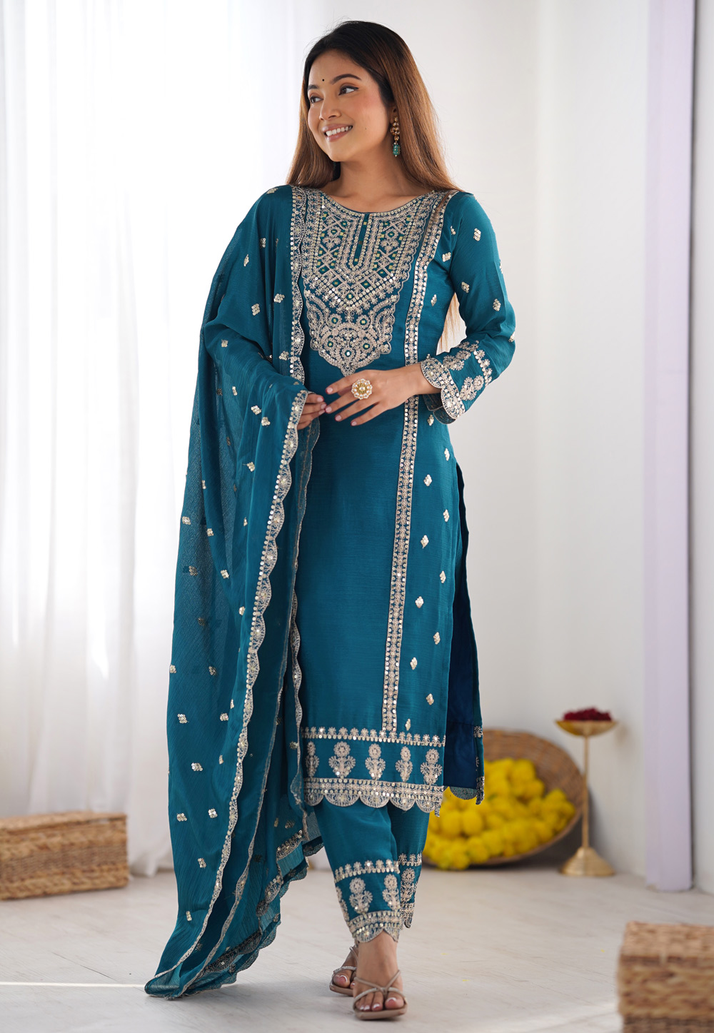 Blue Chinon Silk Readymade Pant Style Suit 306323