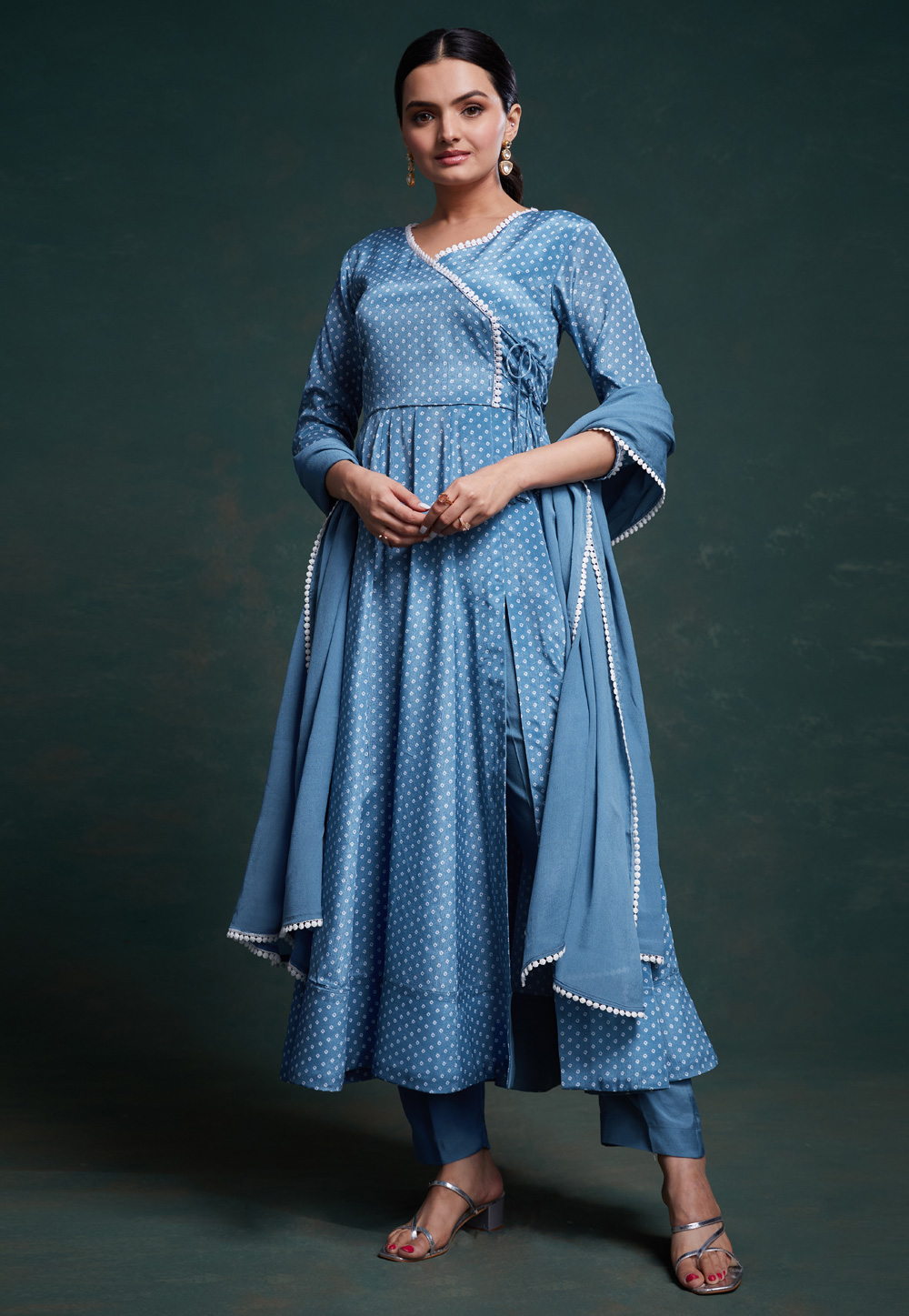 Blue Chinon Silk Readymade Pant Style Suit 287401