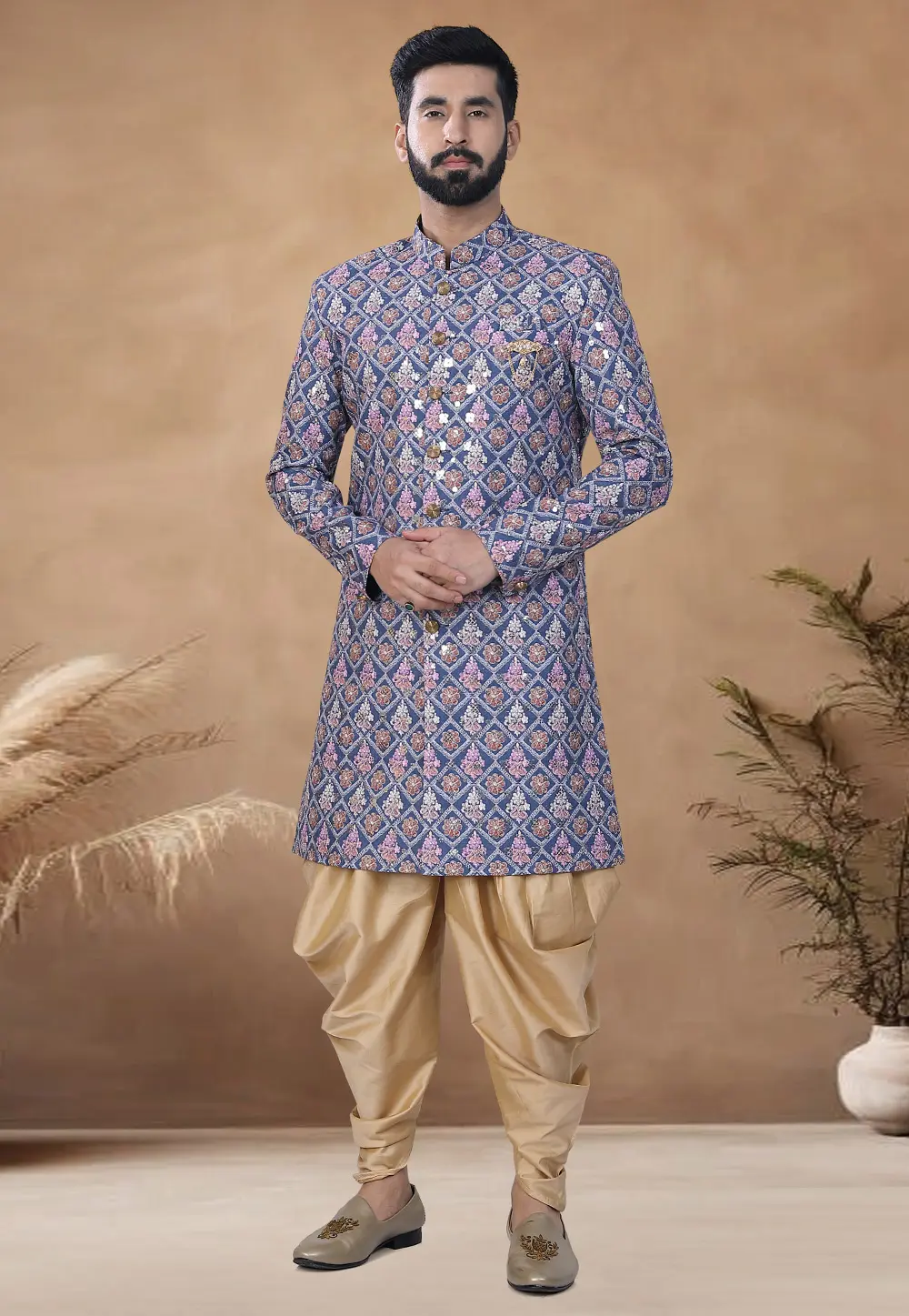 Blue Cotton Indo Western Suit 298583