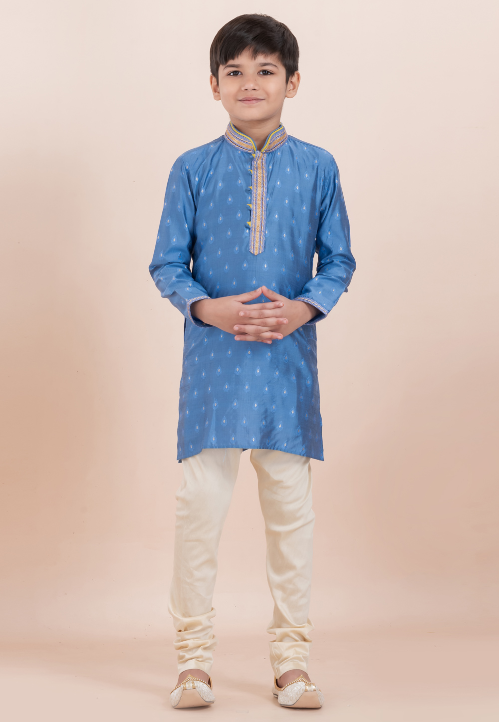 Blue Cotton Jacquard Kids Kurta Pajama 305981