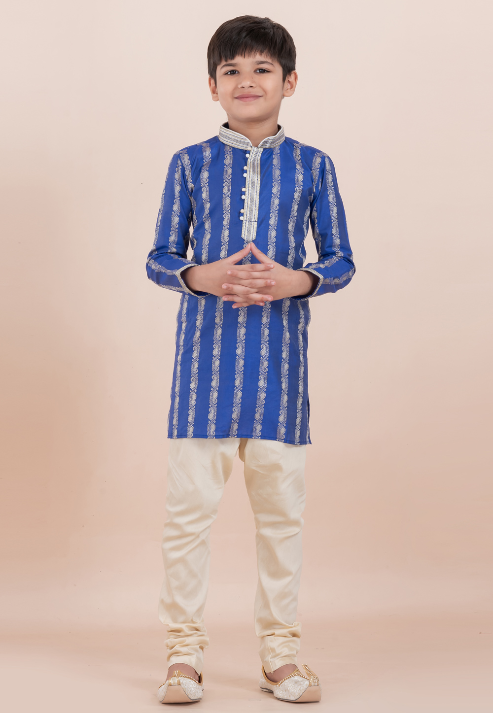 Blue Cotton Jacquard Kids Kurta Pajama 305984