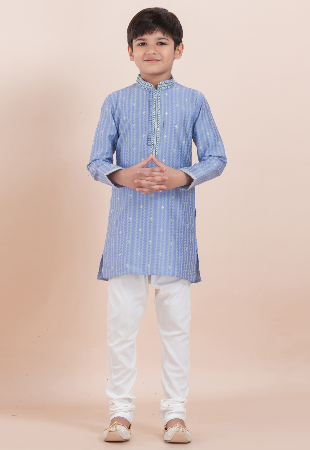 Blue Cotton Jacquard Kids Kurta Pajama 305990