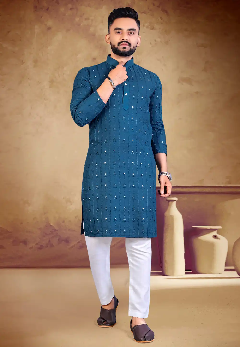 Blue Cotton Kurta Pajama 293414