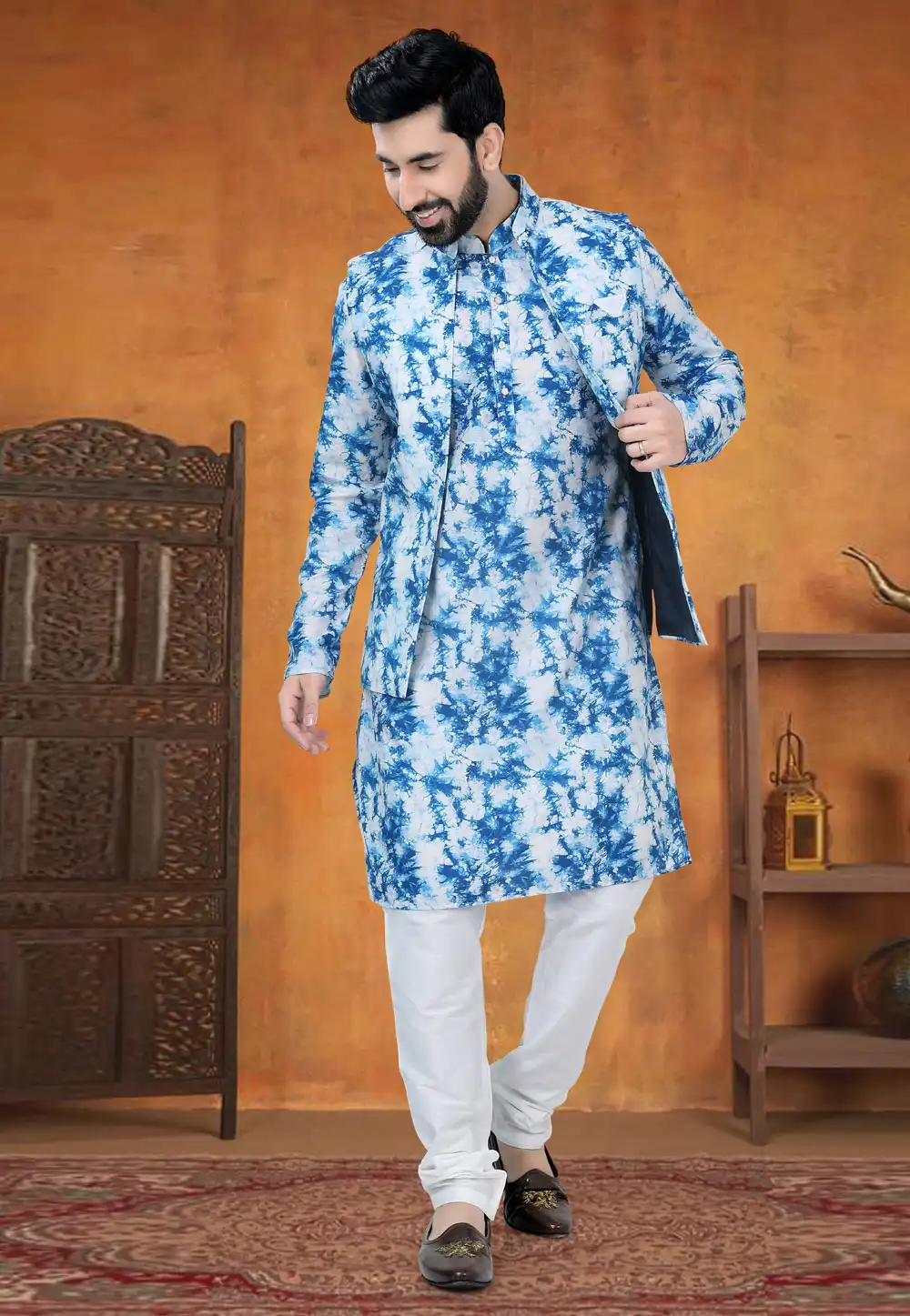 Blue Cotton Kurta Pajama With Jacket 295001