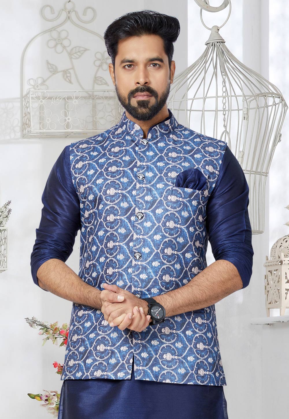 Blue Cotton Nehru Jacket 286786