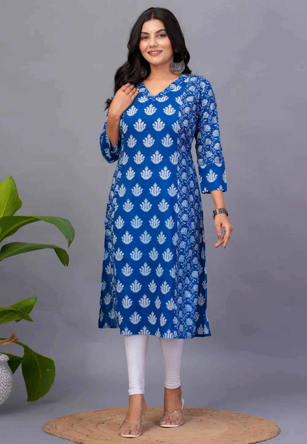 Blue Cotton Printed Long Kurti 302980