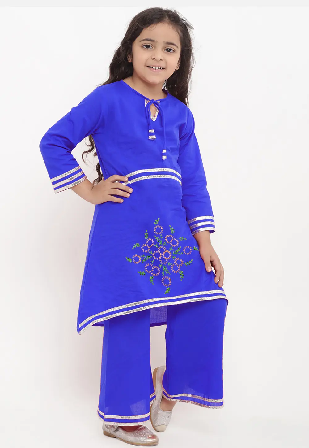 Blue Cotton Rayon Kids Palazzo Suit 301830