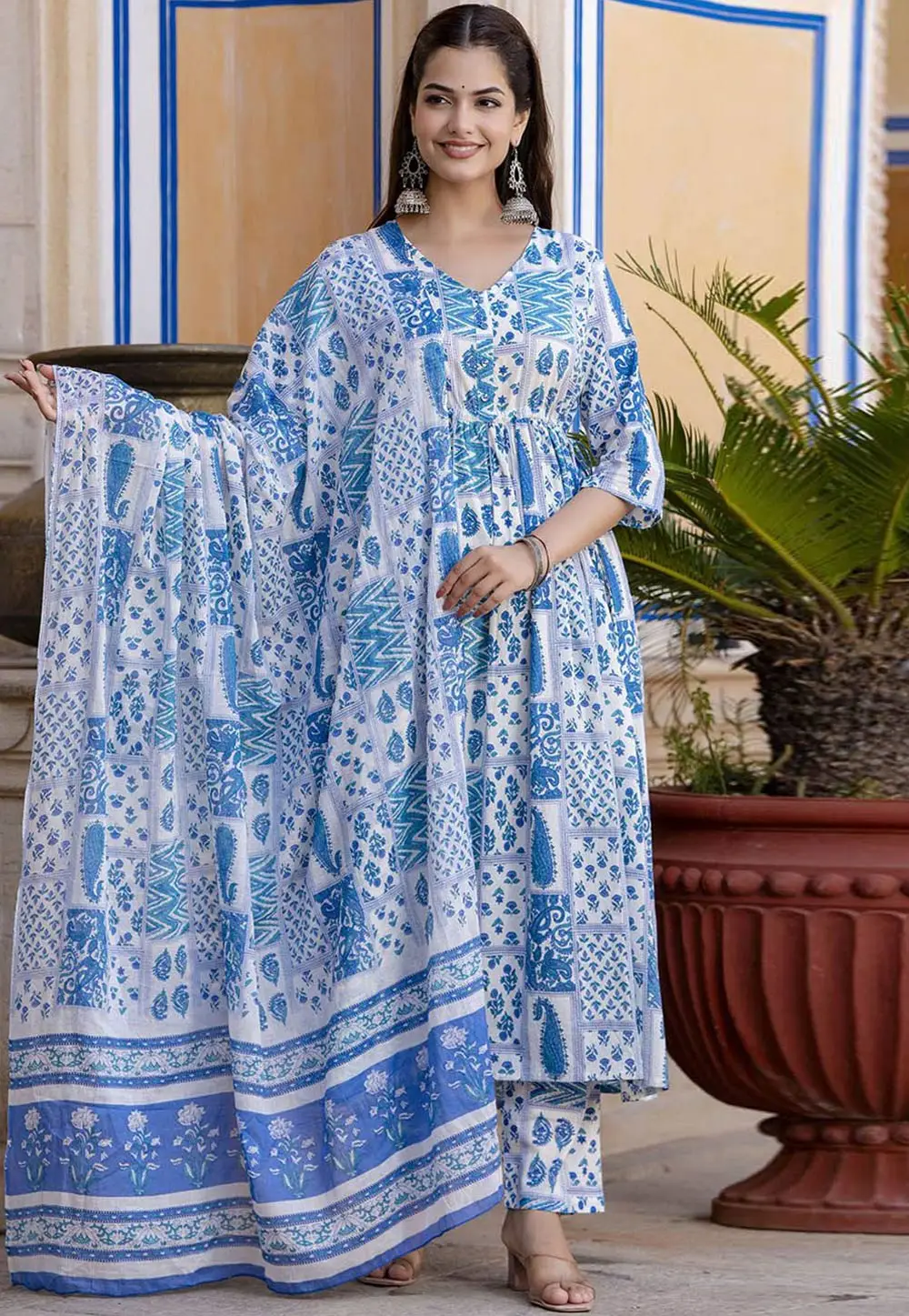 Blue Cotton Readymade Anarkali Suit 296753