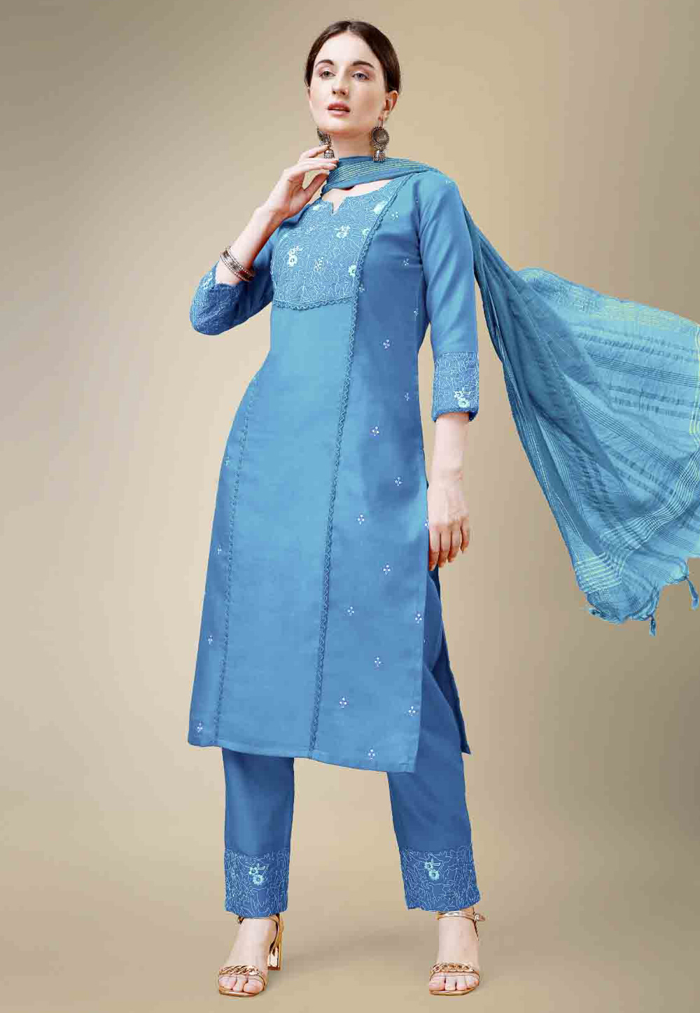 Blue Cotton Readymade Pakistani Suit 280841