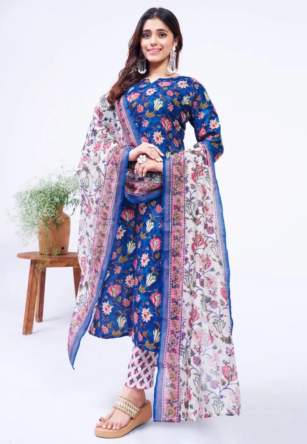 Blue Cotton Readymade Pakistani Suit 298918