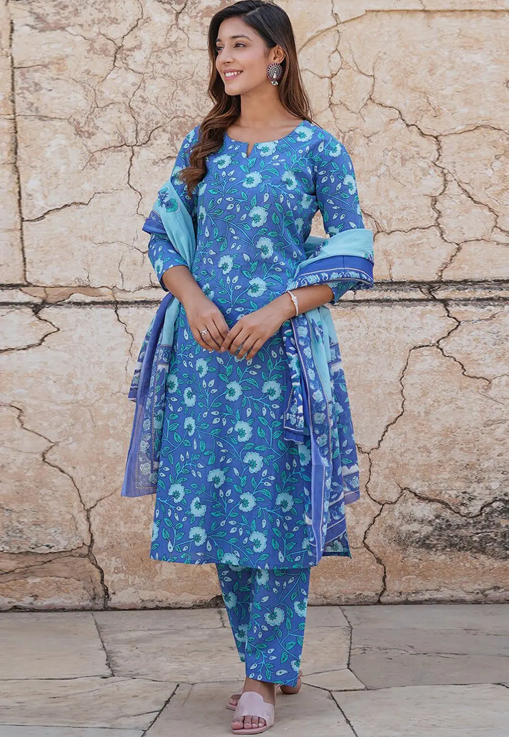 Blue Cotton Readymade Pakistani Suit 303871