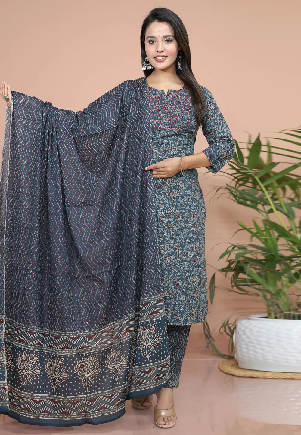 Blue Cotton Readymade Pakistani Suit 304595