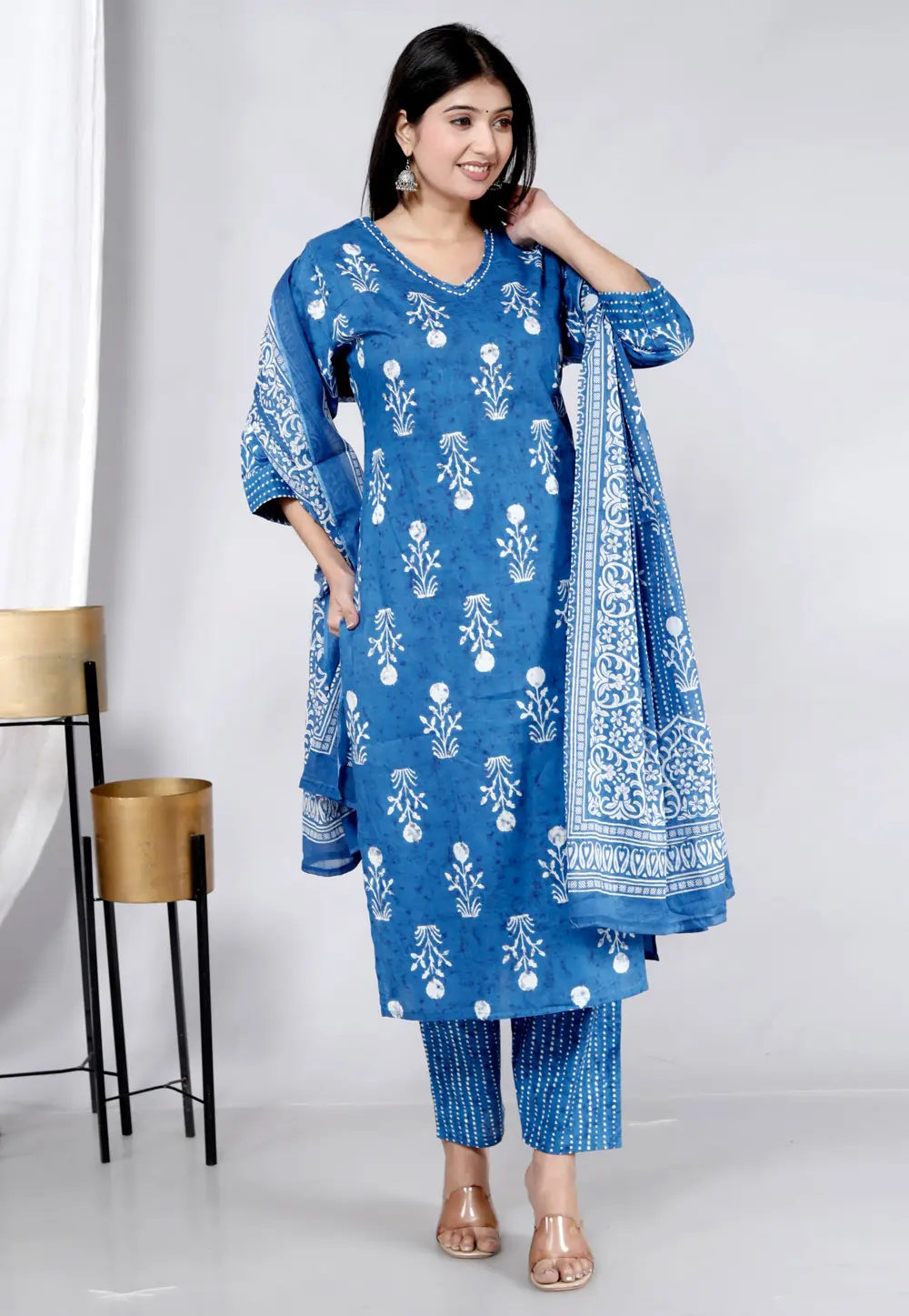 Blue Cotton Readymade Pakistani Suit 304599