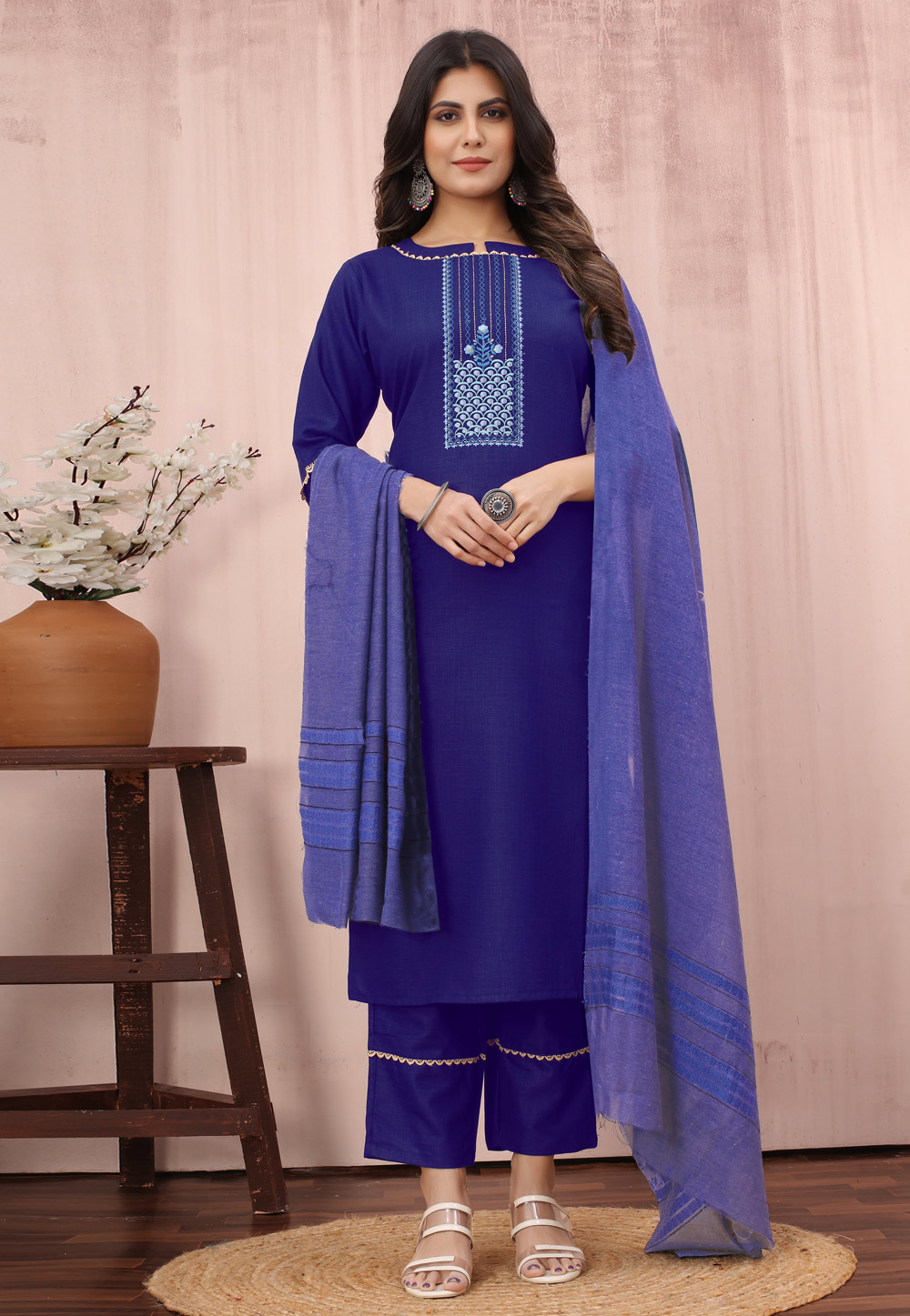Blue Cotton Readymade Pakistani Suit 283186