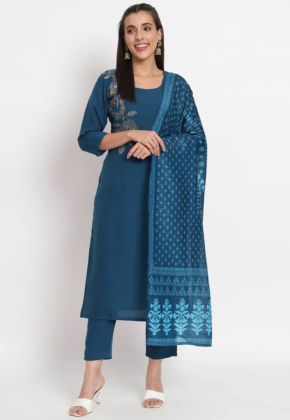 Blue Cotton Readymade Pakistani Suit 300373