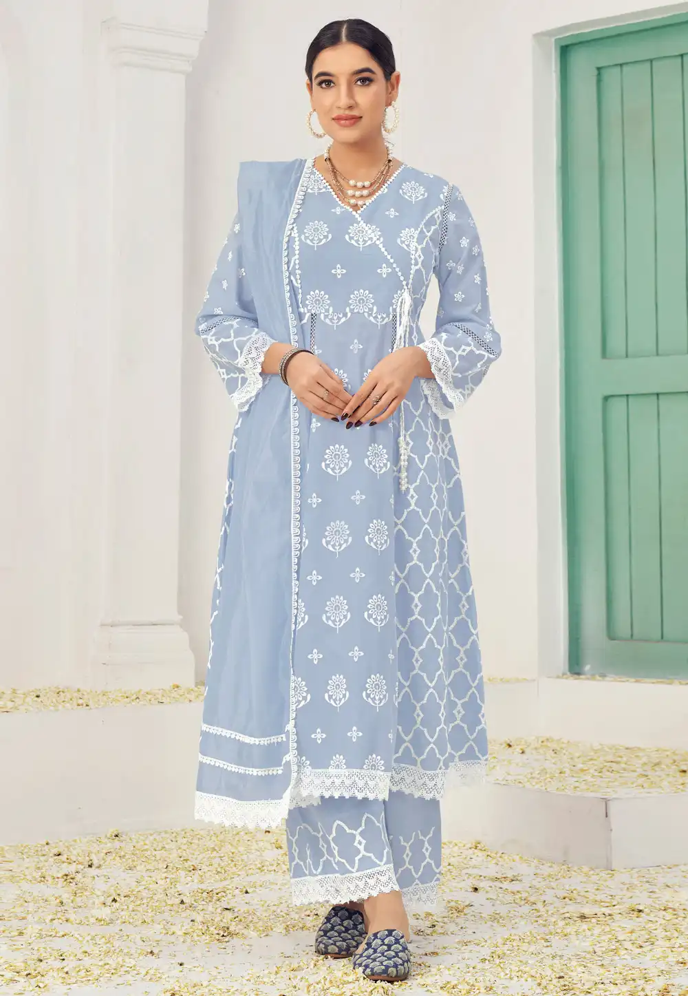 Blue Cotton Readymade Palazzo Suit 288490