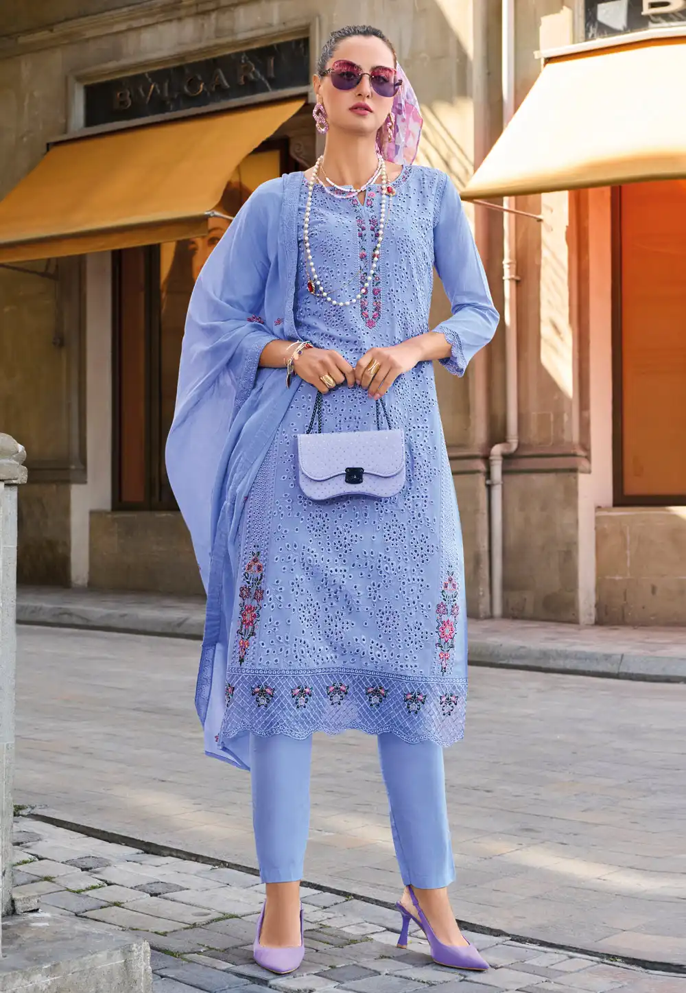 Blue Cotton Readymade Pant Style Suit 289818