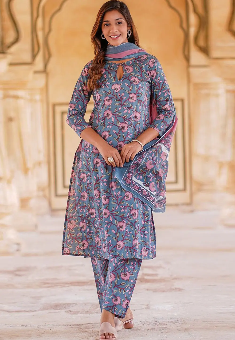 Blue Cotton Readymade Pant Style Suit 303880