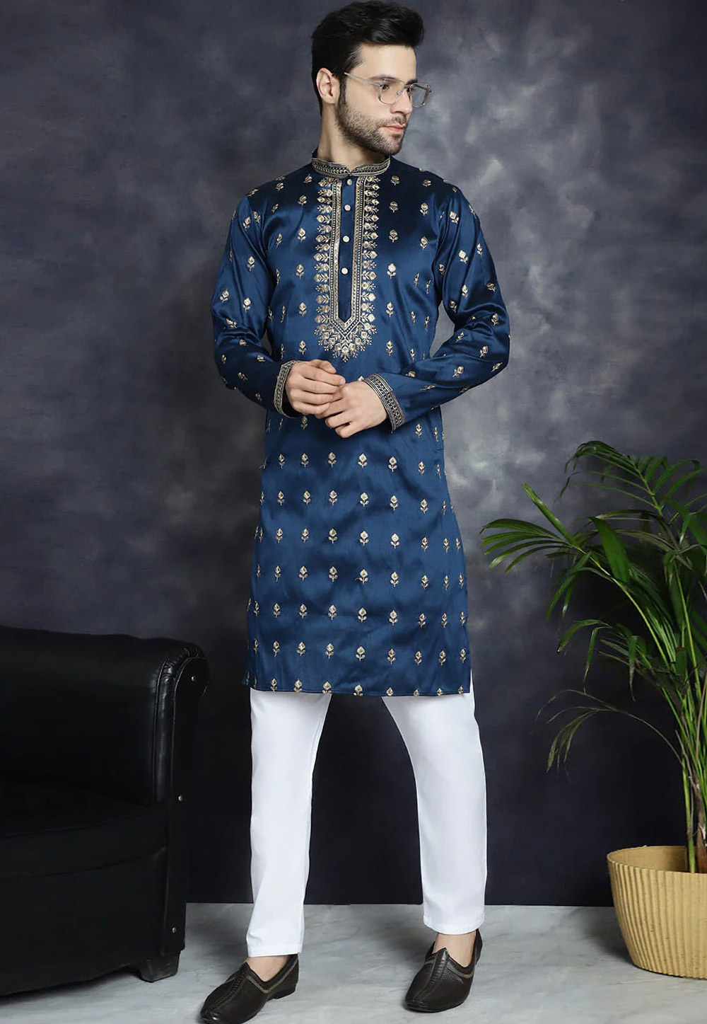 Blue Cotton Silk Kurta Pajama 287131