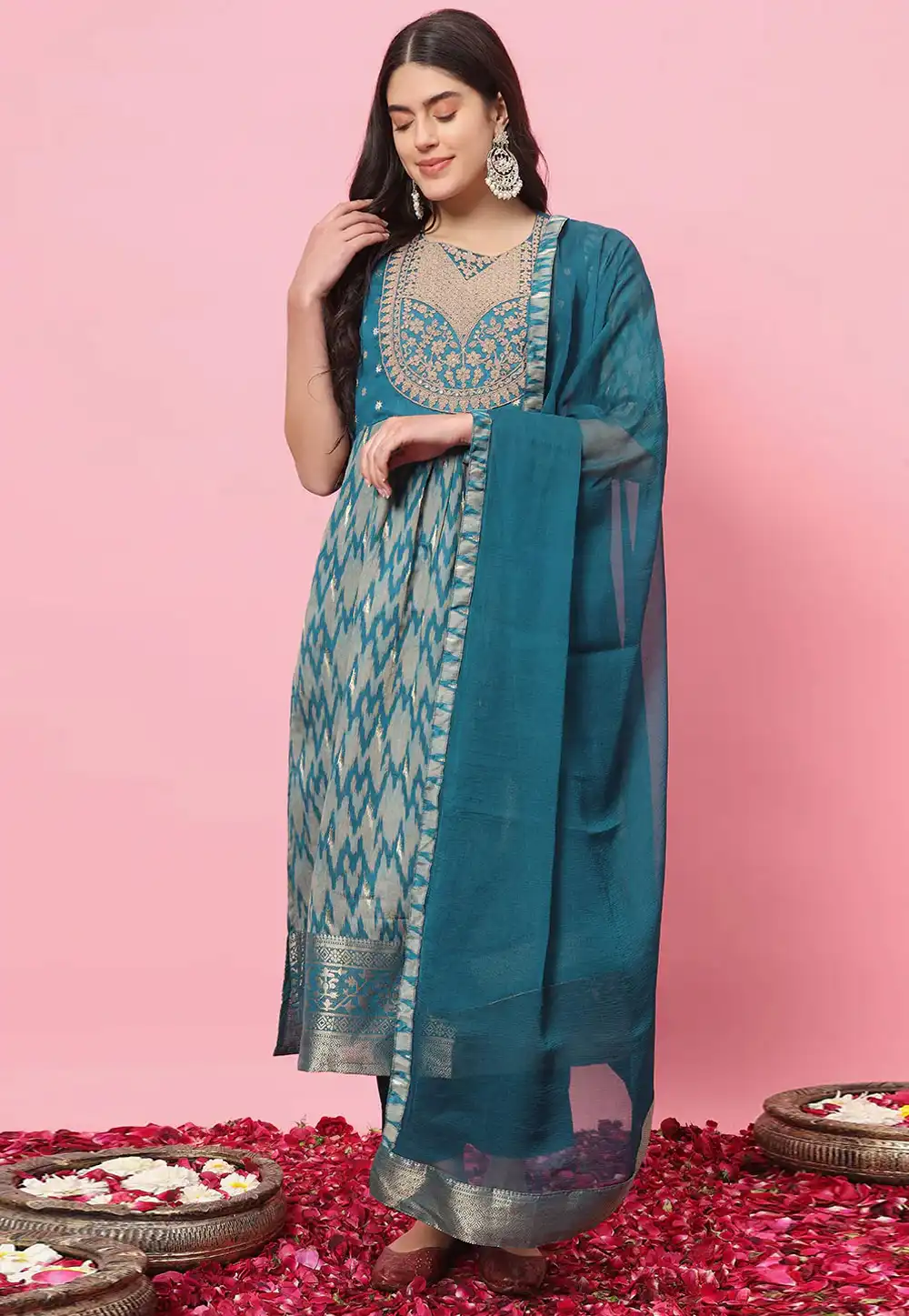 Blue Cotton Silk Readymade Pakistani Suit 289364