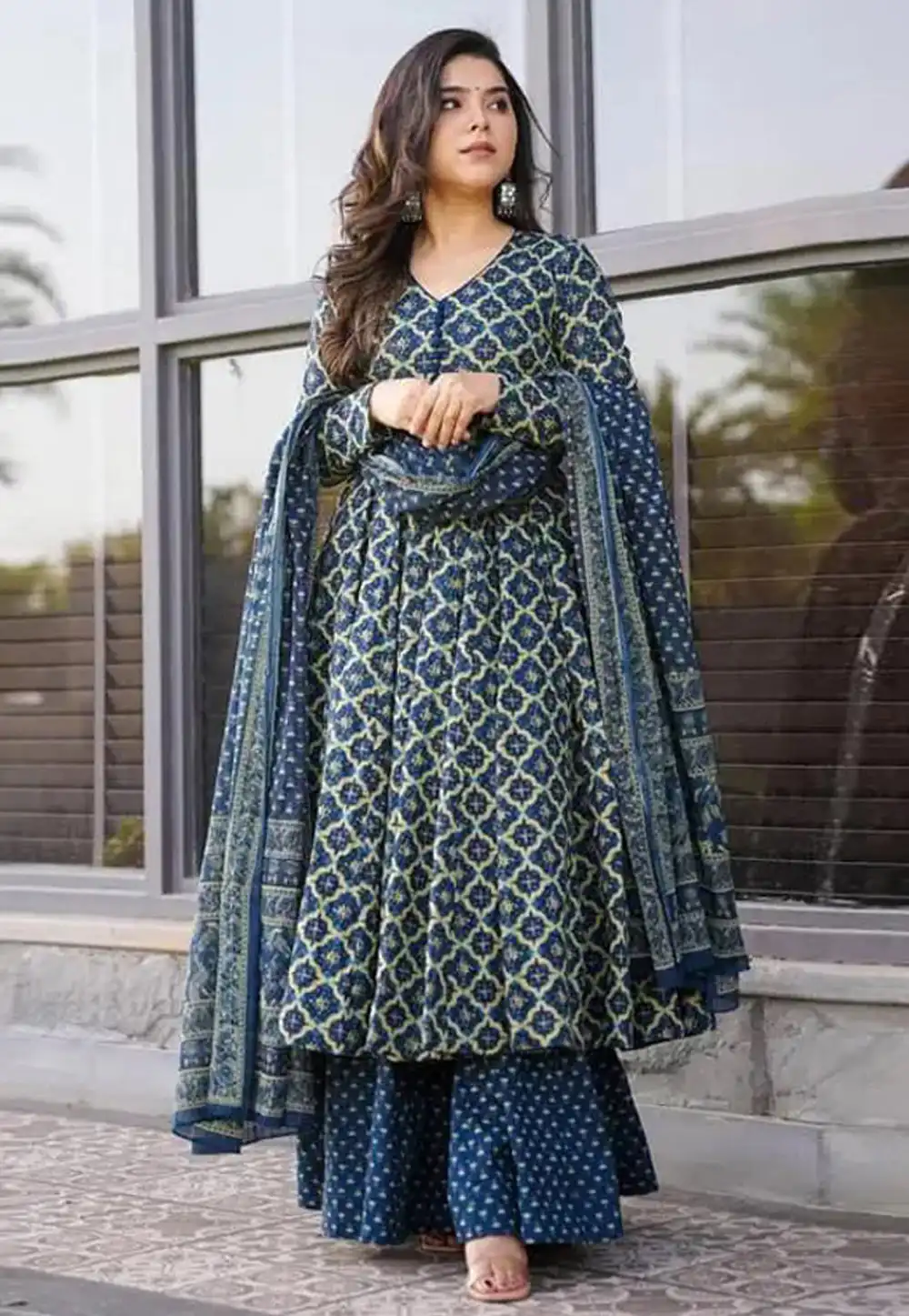 Blue Cotton Silk Readymade Palazzo Suit 290291