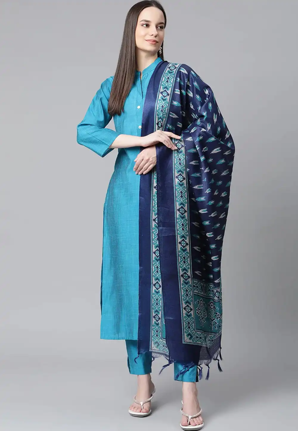 Blue Cotton Silk Readymade Pant Style Suit 288470