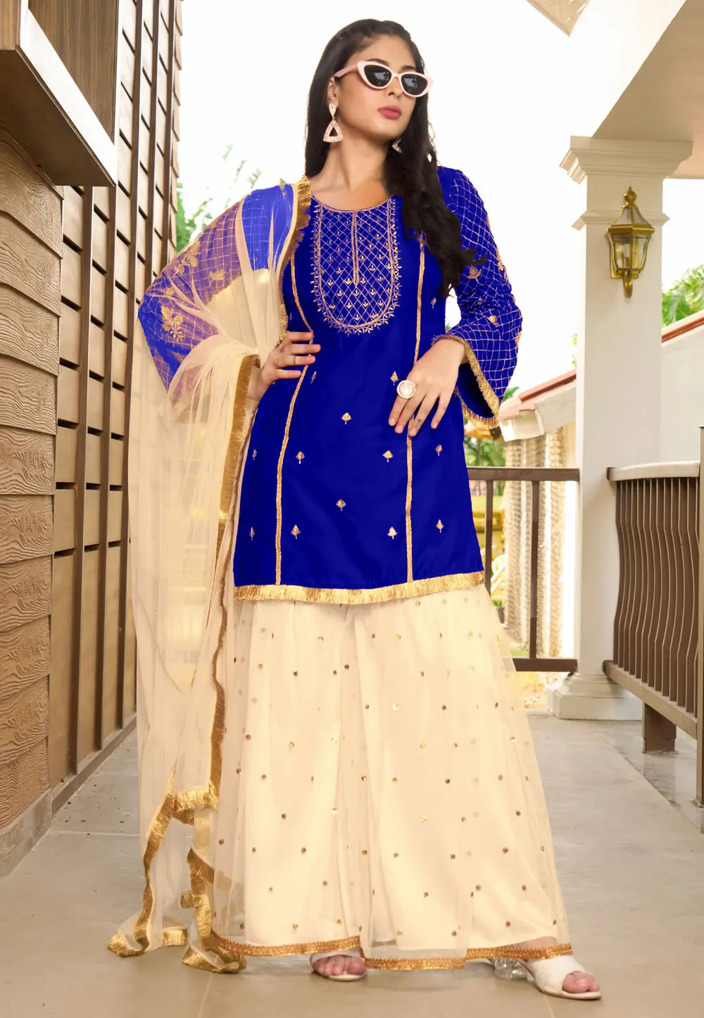 Blue Cotton Silk Readymade Sharara Suit 300614