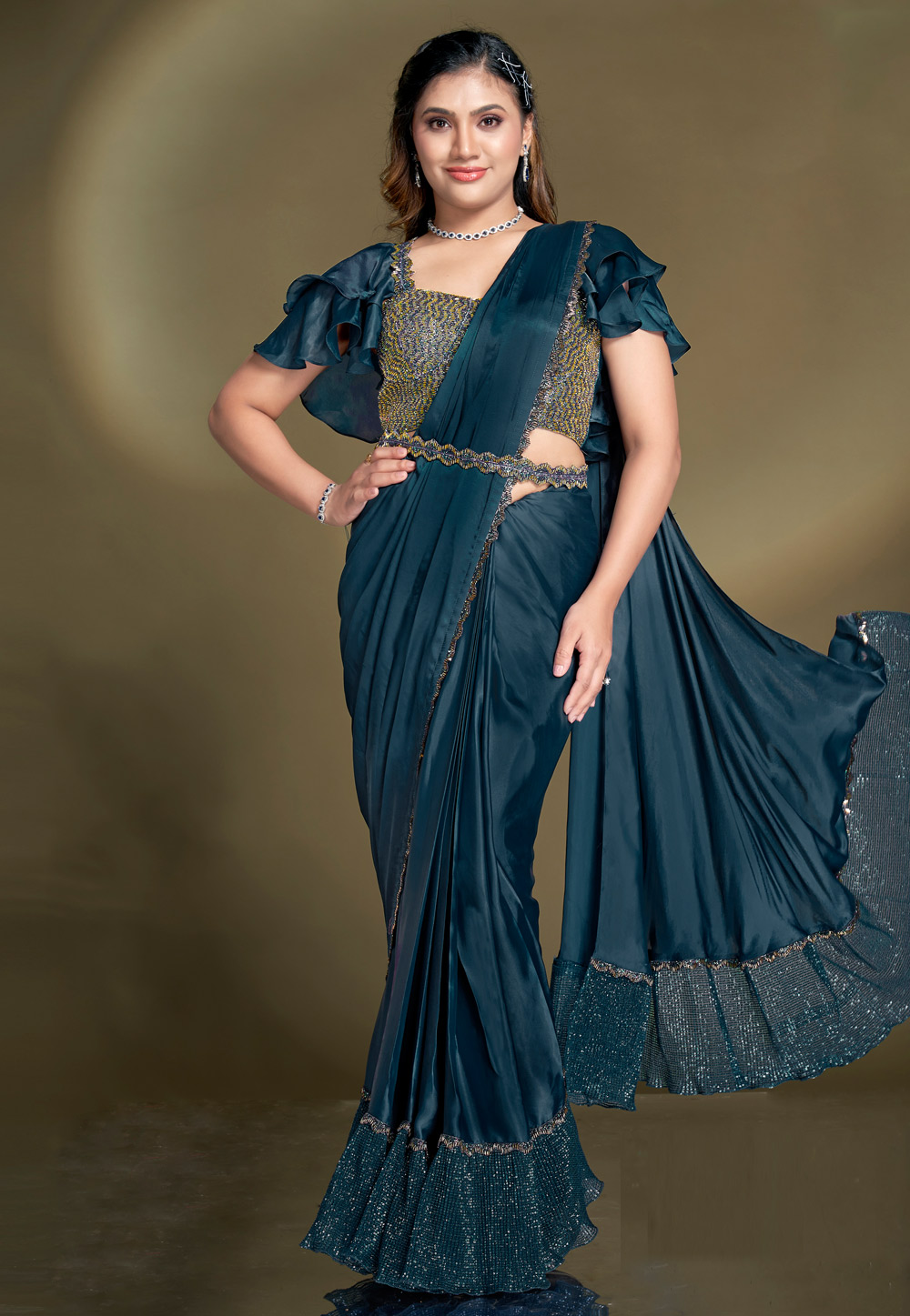 Blue Crepe Lehenga Saree 309644