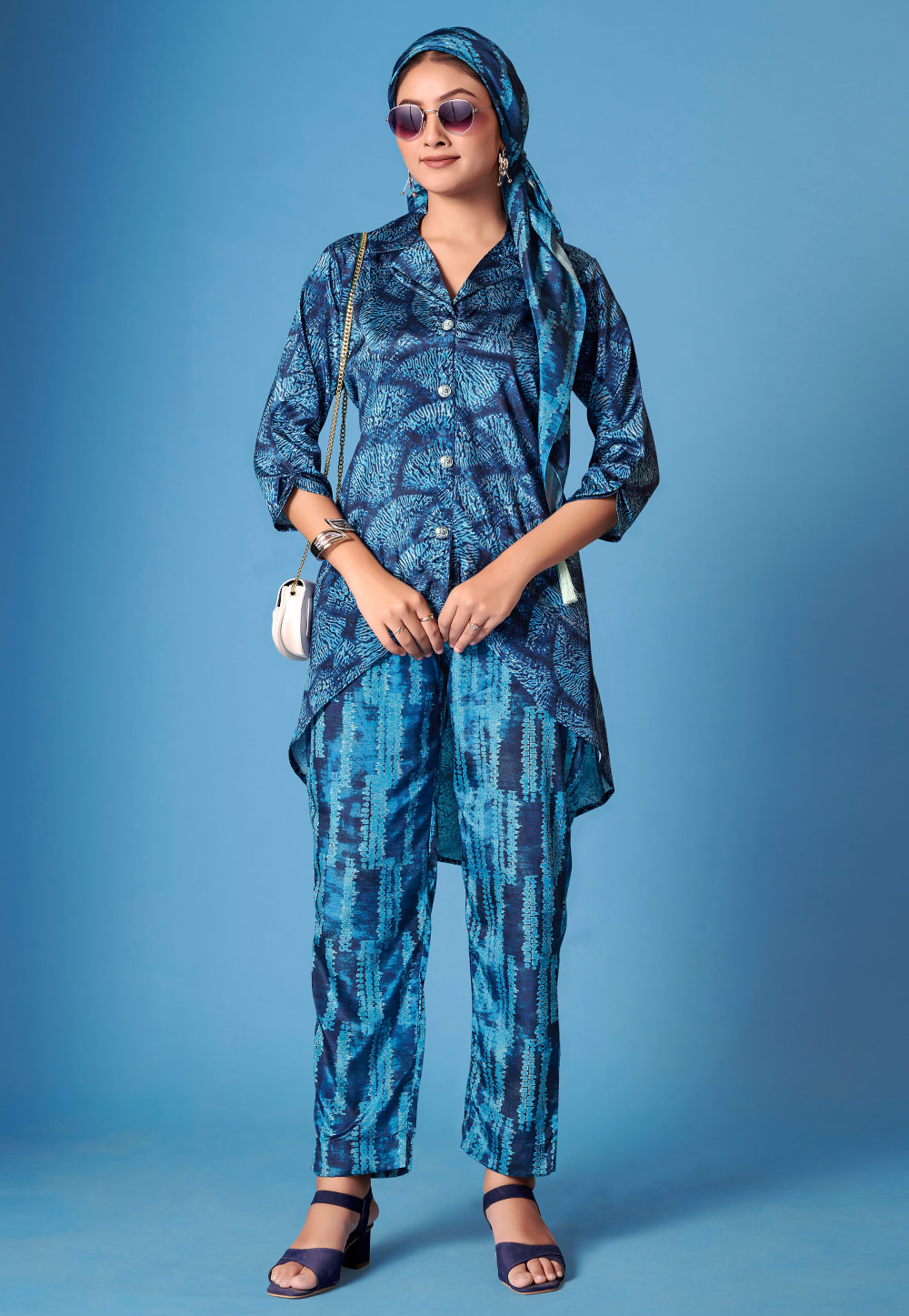 Blue Crepe Silk Printed Co-Ords Set 305370