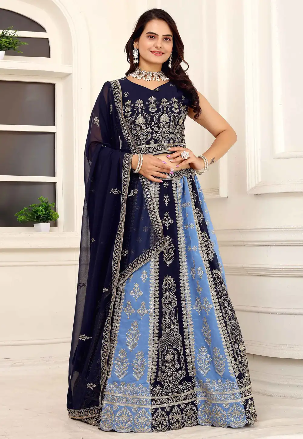 Blue Faux Georgette A Line Lehenga Choli 292355