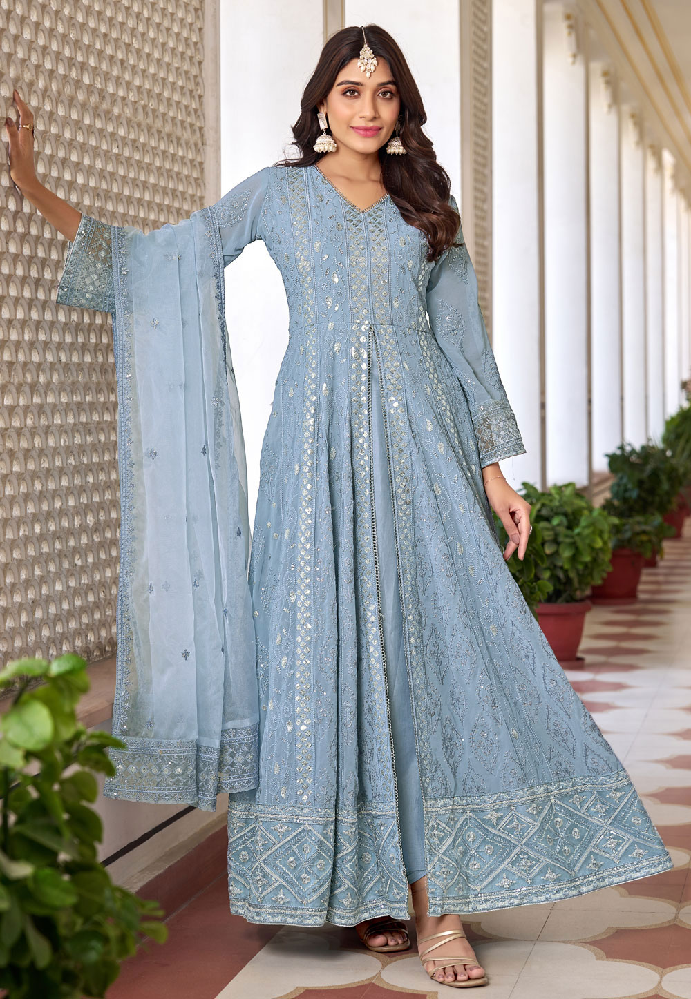 Blue Faux Georgette Embroidered Pant Style Suit 279312