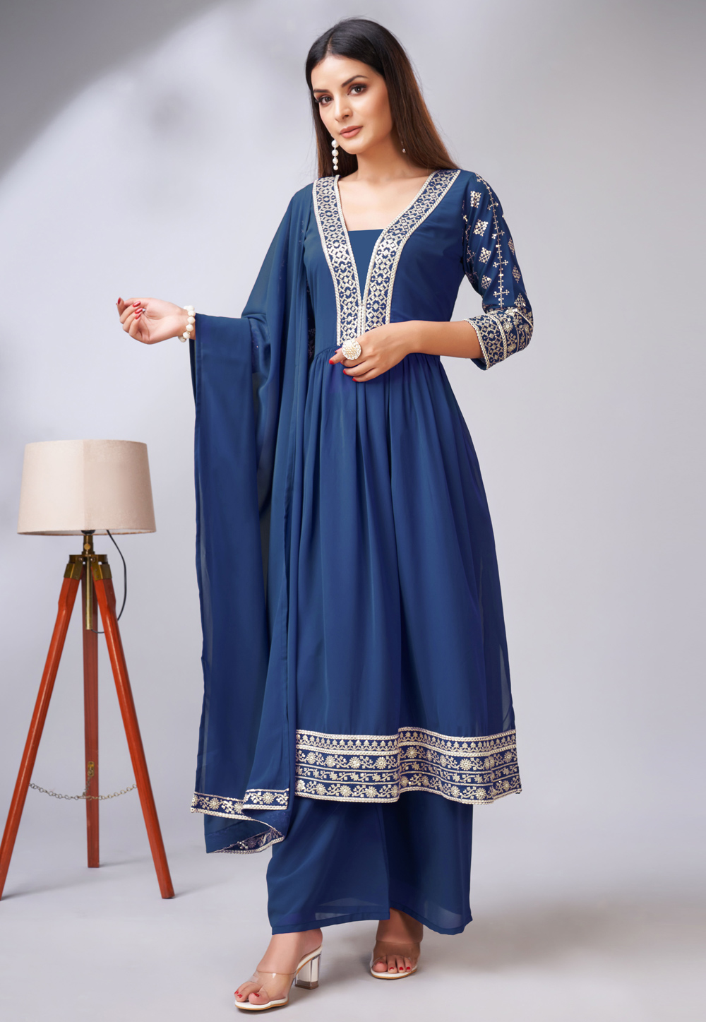 Blue Faux Georgette Pakistani Palazzo Suit 278789